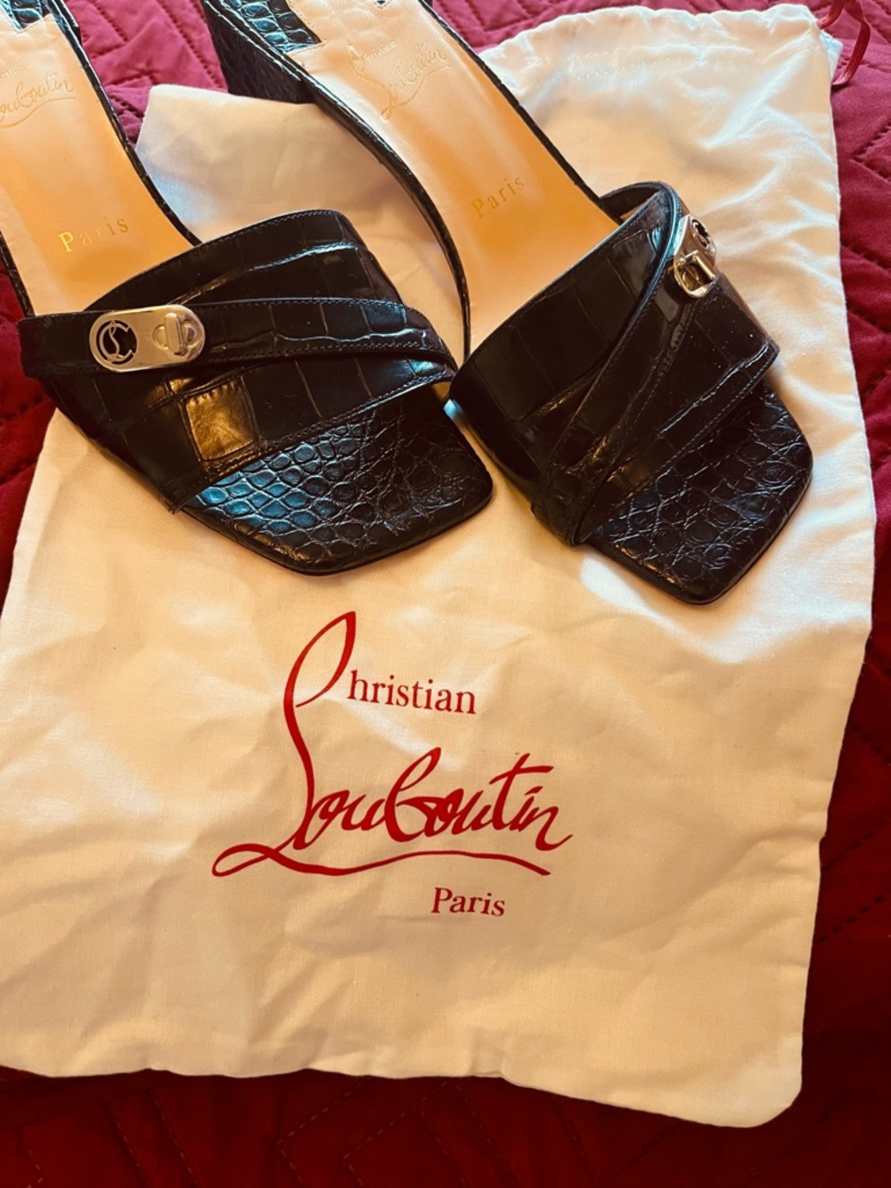 Christian Louboutin Black Croc-Embossed Slide Mules with Silver Hardware